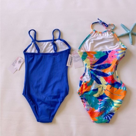 Old Navy | Girls Printed Halter Cut Out Ribbed Style One-Piece Swimsuit 2-Pack - Picture 9 of 15